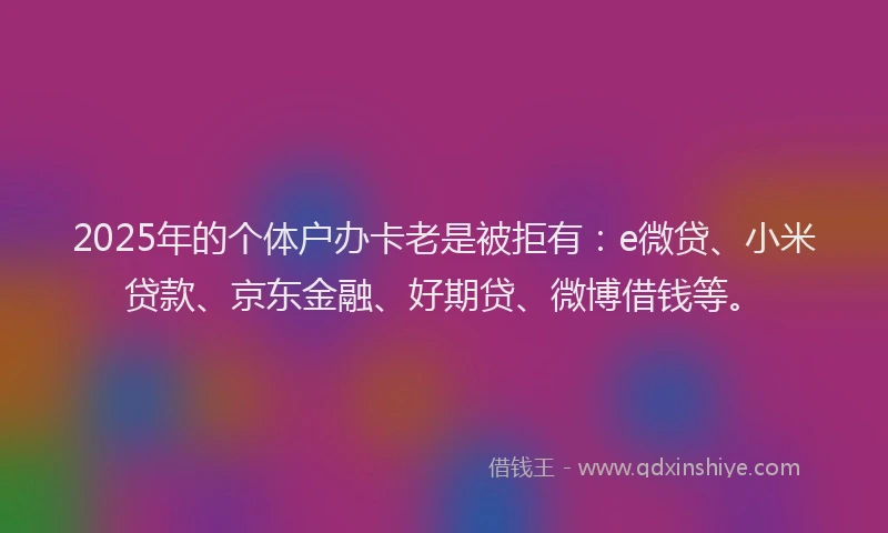 2025年的个体户办卡老是被拒有：e微贷、小米贷款、京东金融、好期贷、微博借钱等。