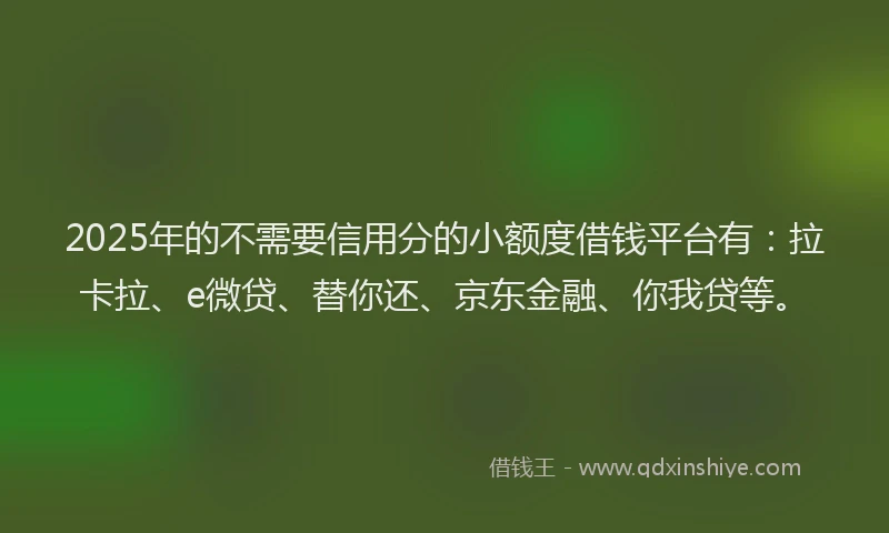 2025年的不需要信用分的小额度借钱平台有：拉卡拉、e微贷、替你还、京东金融、你我贷等。