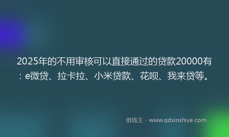 2025年的不用审核可以直接通过的贷款20000有：e微贷、拉卡拉、小米贷款、花呗、我来贷等。