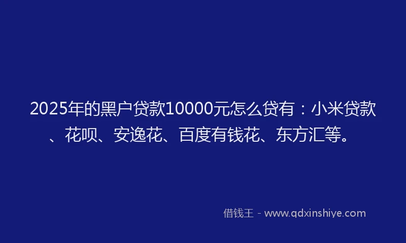 2025年的黑户贷款10000元怎么贷有：小米贷款、花呗、安逸花、百度有钱花、东方汇等。