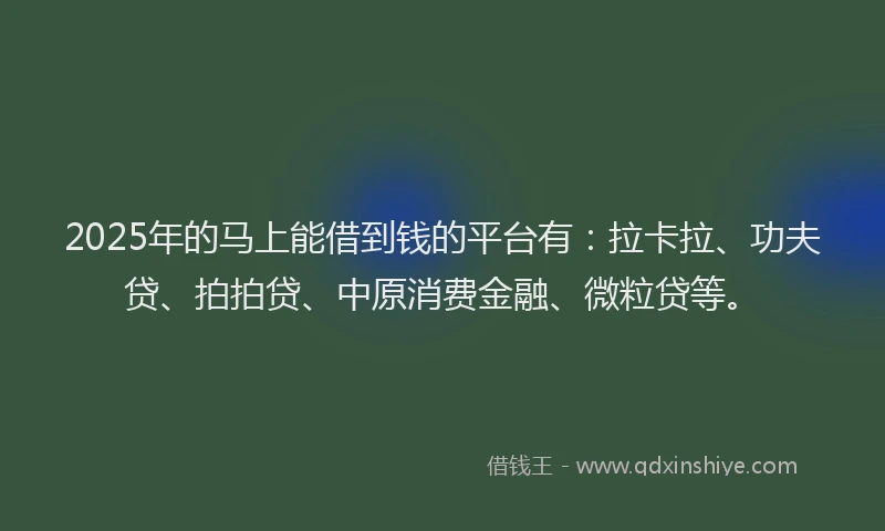 2025年的马上能借到钱的平台有：拉卡拉、功夫贷、拍拍贷、中原消费金融、微粒贷等。