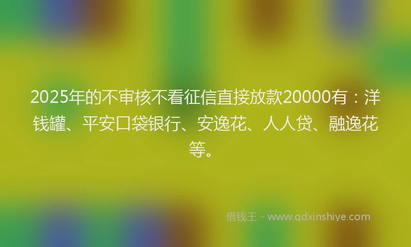 2025年的不审核不看征信直接放款20000有：洋钱罐、平安口袋银行、安逸花、人人贷、融逸花等。