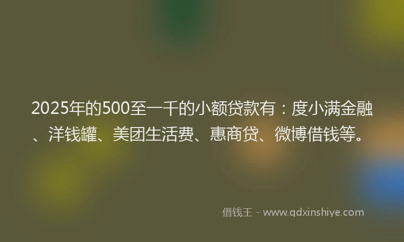 2025年的500至一千的小额贷款有：度小满金融、洋钱罐、美团生活费、惠商贷、微博借钱等。