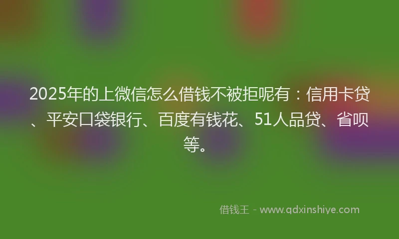 2025年的上微信怎么借钱不被拒呢有：信用卡贷、平安口袋银行、百度有钱花、51人品贷、省呗等。