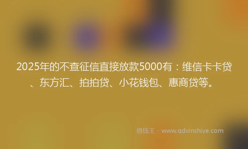 2025年的不查征信直接放款5000有：维信卡卡贷、东方汇、拍拍贷、小花钱包、惠商贷等。