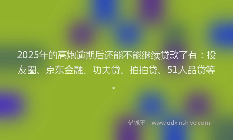 2025年的高炮逾期后还能不能继续贷款了有：投友圈、京东金融、功夫贷、拍拍贷、51人品贷等。