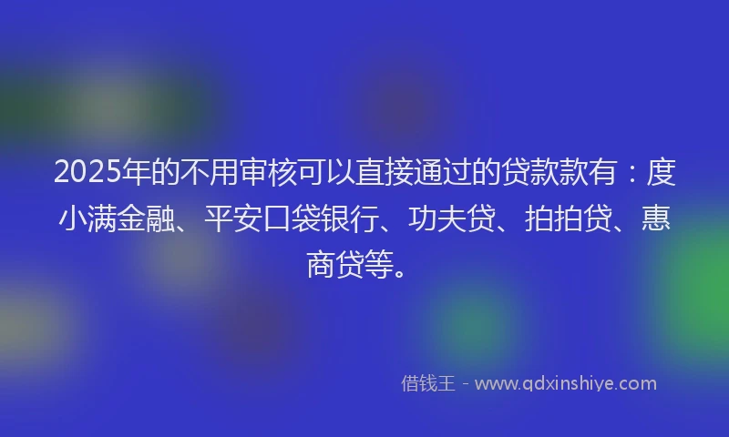 2025年的不用审核可以直接通过的贷款款有：度小满金融、平安口袋银行、功夫贷、拍拍贷、惠商贷等。