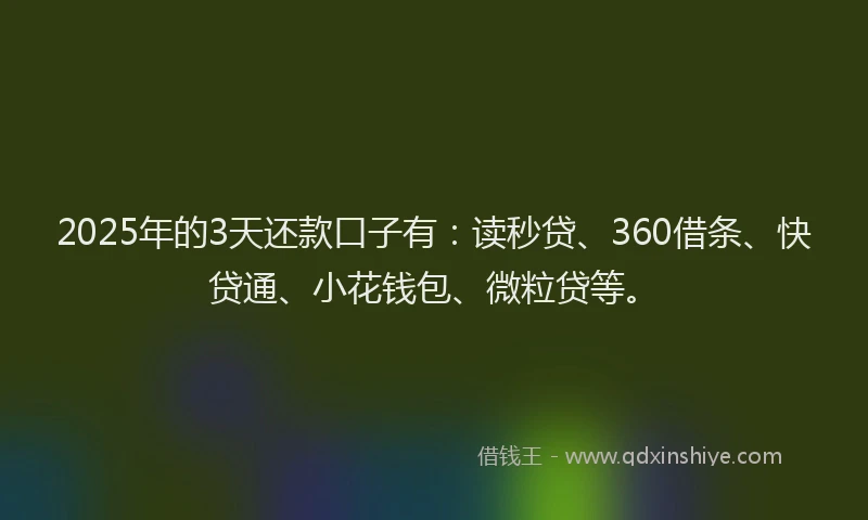 2025年的3天还款口子有：读秒贷、360借条、快贷通、小花钱包、微粒贷等。