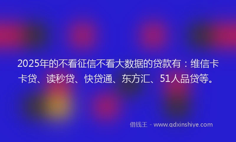 2025年的不看征信不看大数据的贷款有：维信卡卡贷、读秒贷、快贷通、东方汇、51人品贷等。
