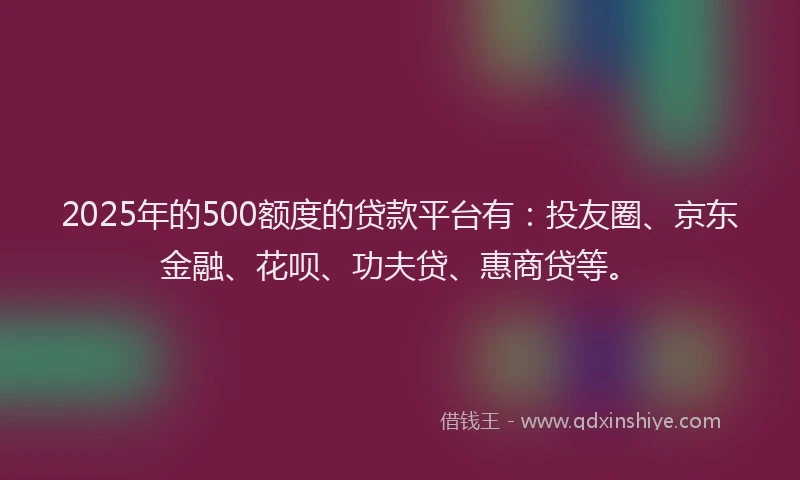 2025年的500额度的贷款平台有：投友圈、京东金融、花呗、功夫贷、惠商贷等。