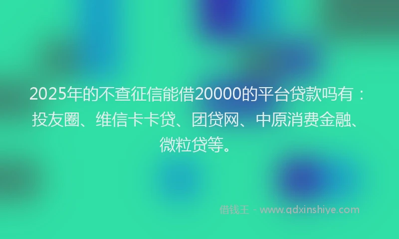 2025年的不查征信能借20000的平台贷款吗有：投友圈、维信卡卡贷、团贷网、中原消费金融、微粒贷等。