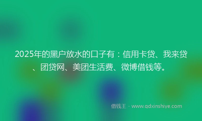 2025年的黑户放水的口子有：信用卡贷、我来贷、团贷网、美团生活费、微博借钱等。