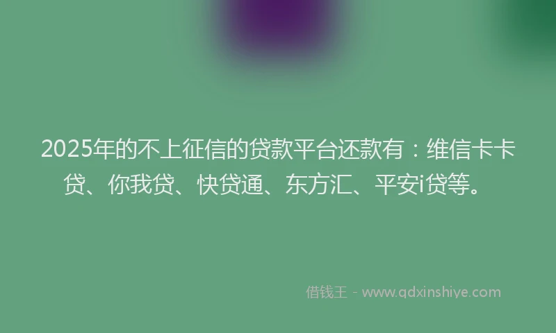 2025年的不上征信的贷款平台还款有：维信卡卡贷、你我贷、快贷通、东方汇、平安i贷等。