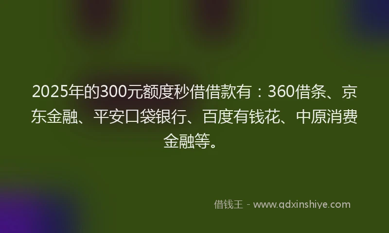 2025年的300元额度秒借借款有：360借条、京东金融、平安口袋银行、百度有钱花、中原消费金融等。