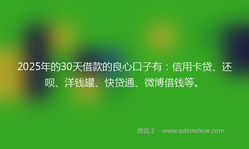 2025年的30天借款的良心口子有：信用卡贷、还呗、洋钱罐、快贷通、微博借钱等。