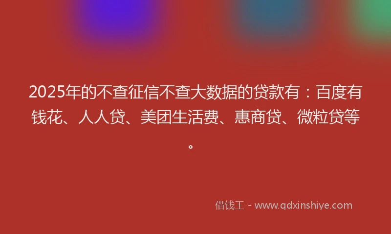 2025年的不查征信不查大数据的贷款有：百度有钱花、人人贷、美团生活费、惠商贷、微粒贷等。