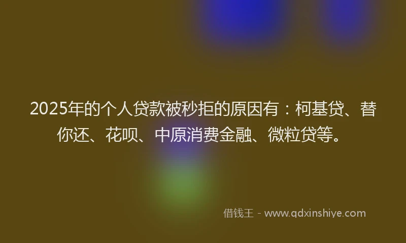 2025年的个人贷款被秒拒的原因有：柯基贷、替你还、花呗、中原消费金融、微粒贷等。