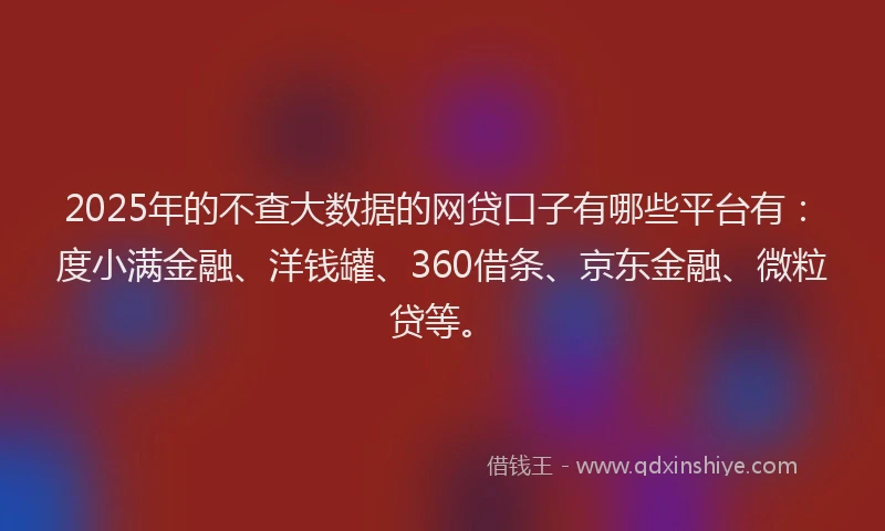 2025年的不查大数据的网贷口子有哪些平台有：度小满金融、洋钱罐、360借条、京东金融、微粒贷等。