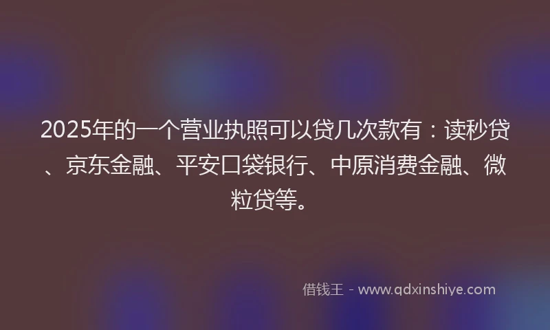 2025年的一个营业执照可以贷几次款有：读秒贷、京东金融、平安口袋银行、中原消费金融、微粒贷等。
