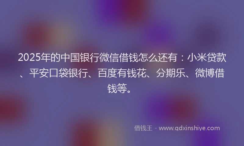 2025年的中国银行微信借钱怎么还有：小米贷款、平安口袋银行、百度有钱花、分期乐、微博借钱等。