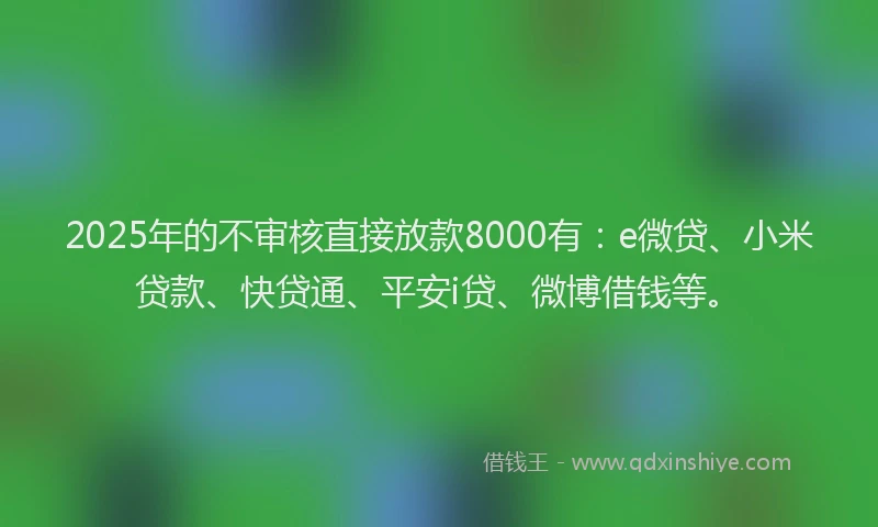 2025年的不审核直接放款8000有：e微贷、小米贷款、快贷通、平安i贷、微博借钱等。
