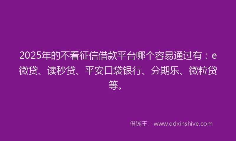 2025年的不看征信借款平台哪个容易通过有：e微贷、读秒贷、平安口袋银行、分期乐、微粒贷等。