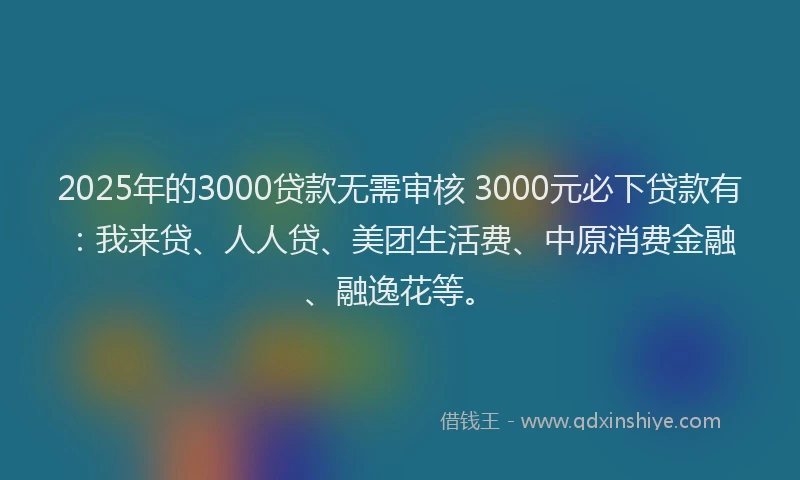 2025年的3000贷款无需审核 3000元必下贷款有：我来贷、人人贷、美团生活费、中原消费金融、融逸花等。