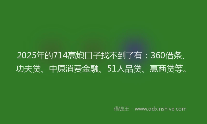 2025年的714高炮口子找不到了有：360借条、功夫贷、中原消费金融、51人品贷、惠商贷等。