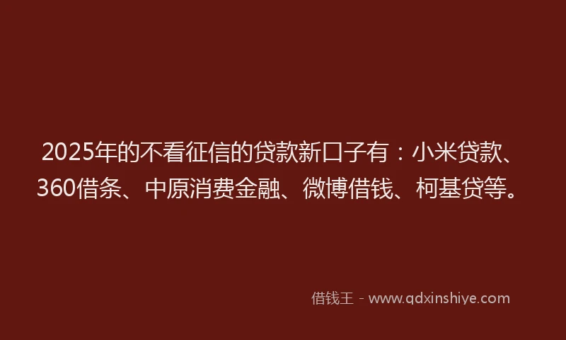 2025年的不看征信的贷款新口子有：小米贷款、360借条、中原消费金融、微博借钱、柯基贷等。