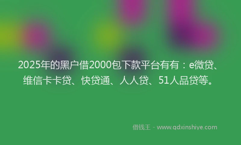 2025年的黑户借2000包下款平台有有：e微贷、维信卡卡贷、快贷通、人人贷、51人品贷等。