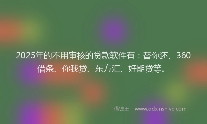 2025年的不用审核的贷款软件有：替你还、360借条、你我贷、东方汇、好期贷等。