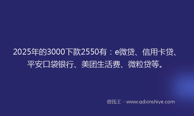 2025年的3000下款2550有：e微贷、信用卡贷、平安口袋银行、美团生活费、微粒贷等。
