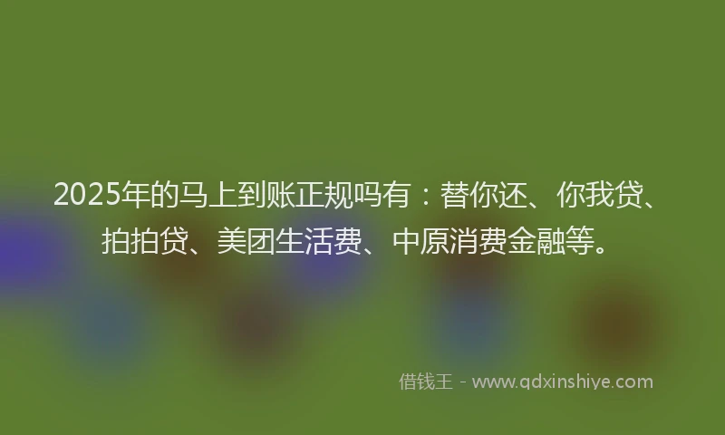 2025年的马上到账正规吗有：替你还、你我贷、拍拍贷、美团生活费、中原消费金融等。