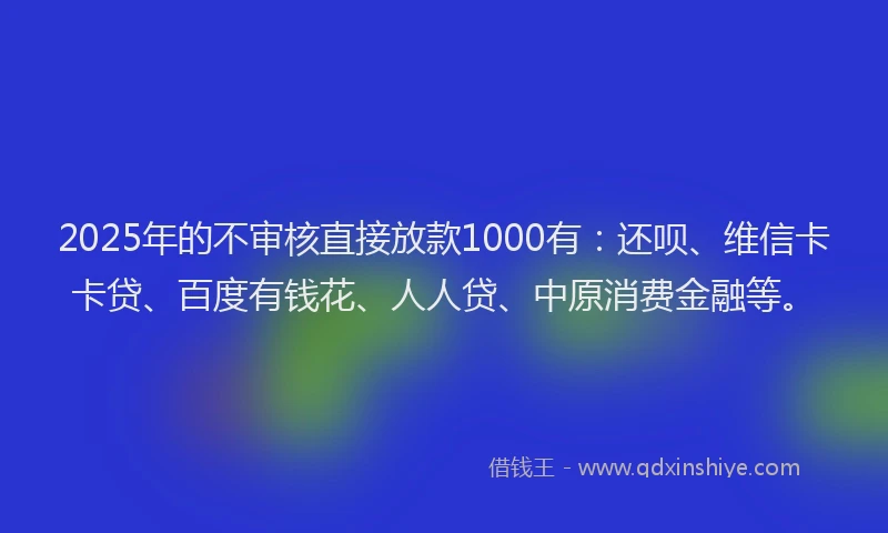 2025年的不审核直接放款1000有：还呗、维信卡卡贷、百度有钱花、人人贷、中原消费金融等。
