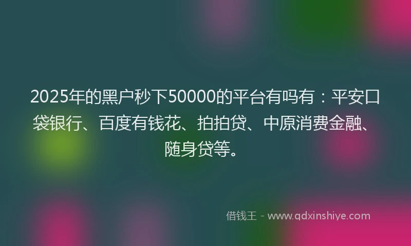 2025年的黑户秒下50000的平台有吗有：平安口袋银行、百度有钱花、拍拍贷、中原消费金融、随身贷等。