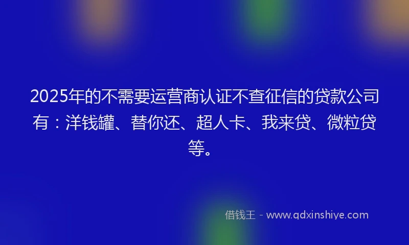 2025年的不需要运营商认证不查征信的贷款公司有：洋钱罐、替你还、超人卡、我来贷、微粒贷等。