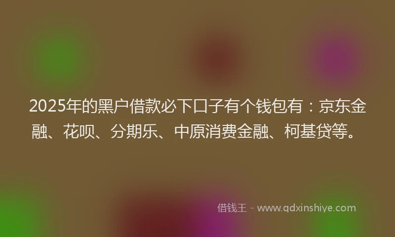 2025年的黑户借款必下口子有个钱包有：京东金融、花呗、分期乐、中原消费金融、柯基贷等。