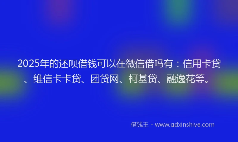 2025年的还呗借钱可以在微信借吗有：信用卡贷、维信卡卡贷、团贷网、柯基贷、融逸花等。