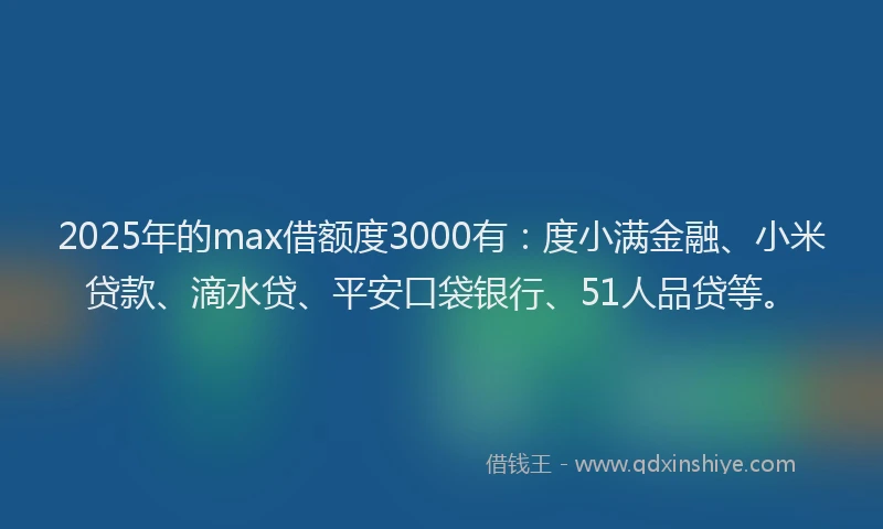 2025年的max借额度3000有：度小满金融、小米贷款、滴水贷、平安口袋银行、51人品贷等。