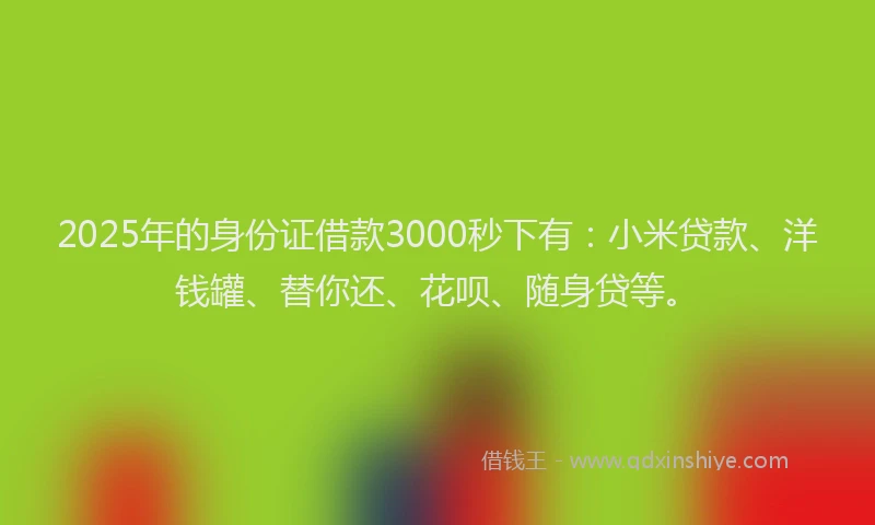 2025年的身份证借款3000秒下有：小米贷款、洋钱罐、替你还、花呗、随身贷等。