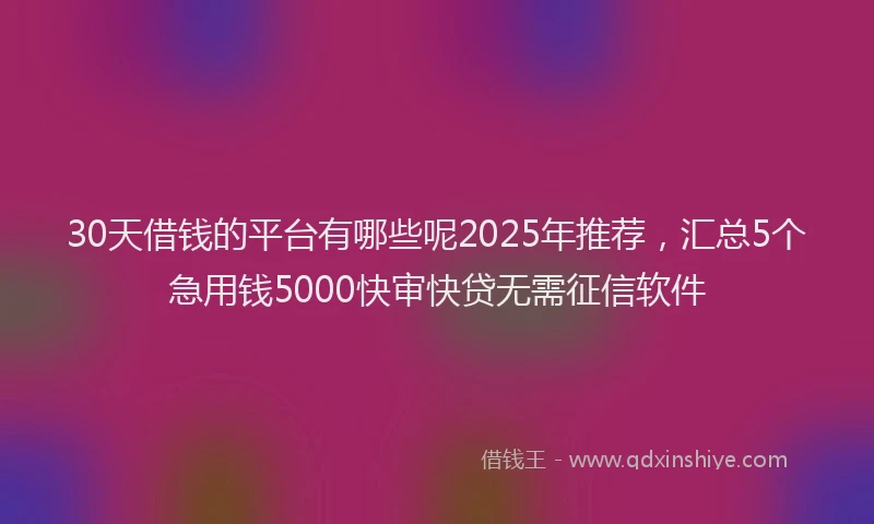 30天借钱的平台有哪些呢2025年推荐，汇总5个急用钱5000快审快贷无需征信软件