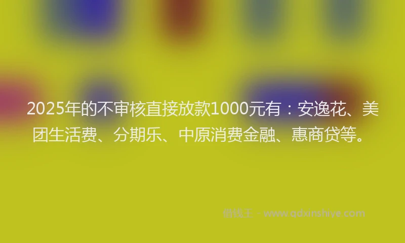 2025年的不审核直接放款1000元有：安逸花、美团生活费、分期乐、中原消费金融、惠商贷等。