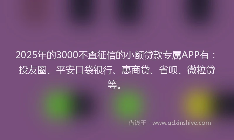 2025年的3000不查征信的小额贷款专属APP有：投友圈、平安口袋银行、惠商贷、省呗、微粒贷等。