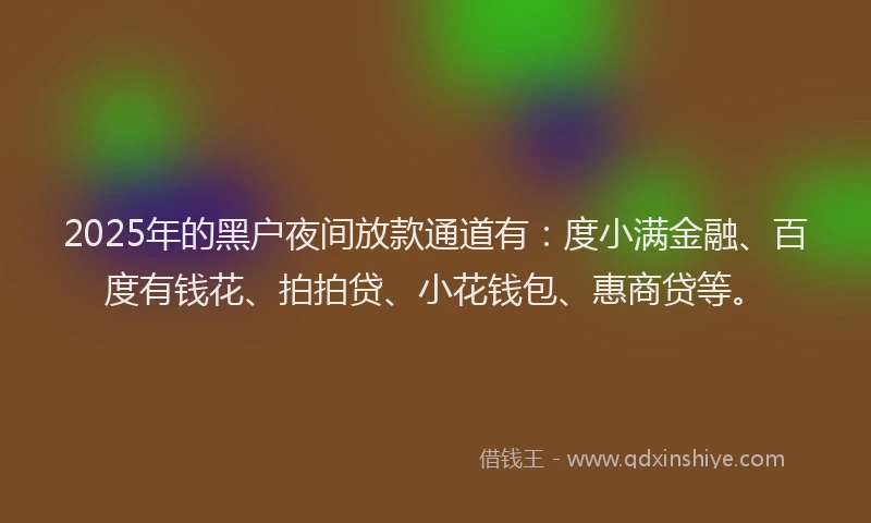 2025年的黑户夜间放款通道有：度小满金融、百度有钱花、拍拍贷、小花钱包、惠商贷等。