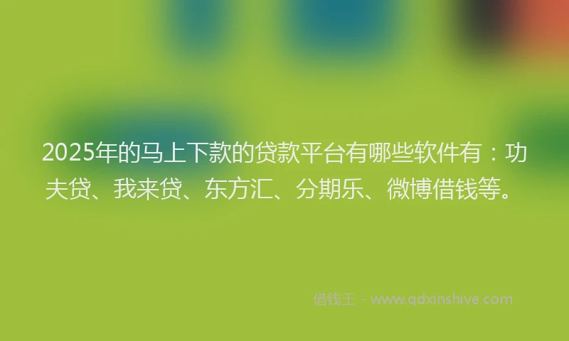 2025年的马上下款的贷款平台有哪些软件有：功夫贷、我来贷、东方汇、分期乐、微博借钱等。