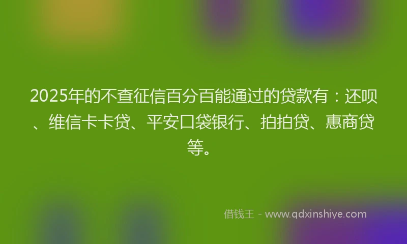 2025年的不查征信百分百能通过的贷款有：还呗、维信卡卡贷、平安口袋银行、拍拍贷、惠商贷等。