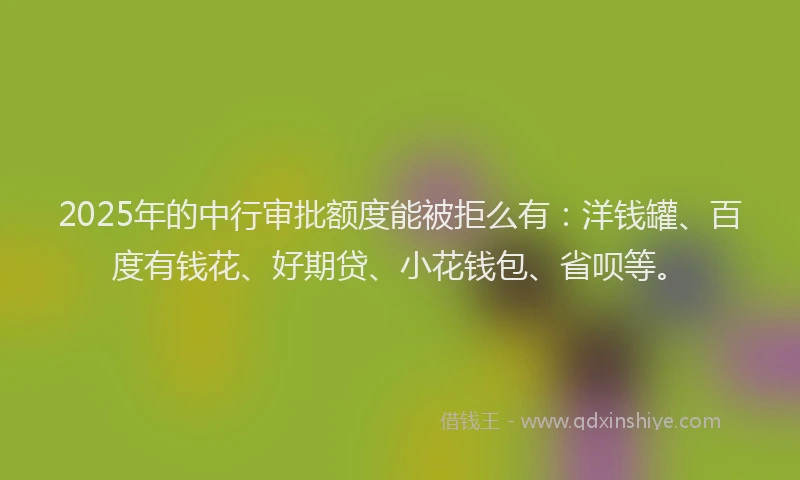 2025年的中行审批额度能被拒么有：洋钱罐、百度有钱花、好期贷、小花钱包、省呗等。