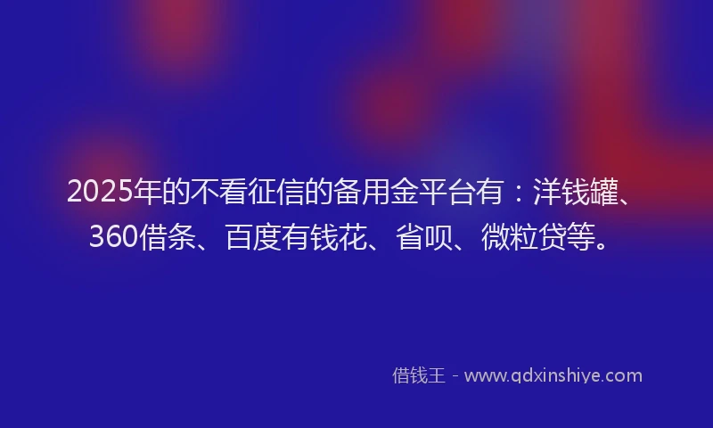 2025年的不看征信的备用金平台有：洋钱罐、360借条、百度有钱花、省呗、微粒贷等。