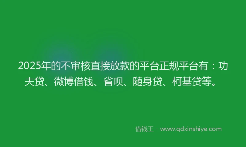 2025年的不审核直接放款的平台正规平台有：功夫贷、微博借钱、省呗、随身贷、柯基贷等。
