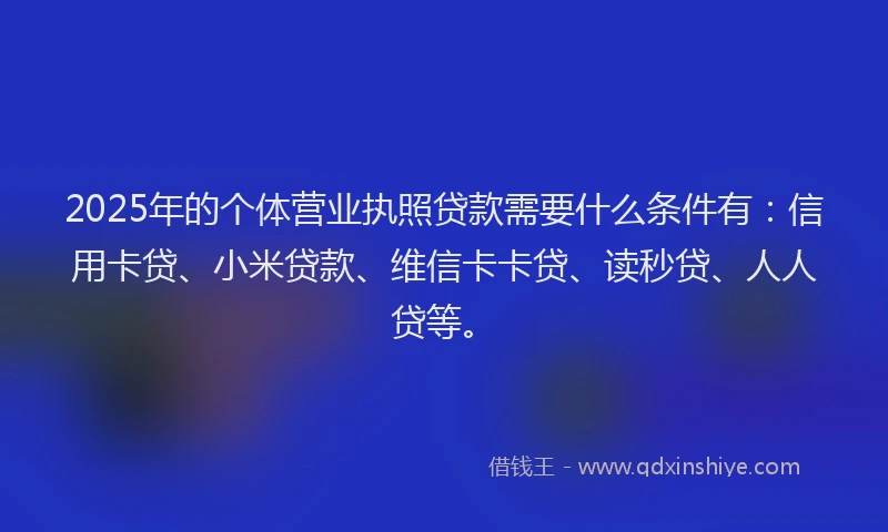 2025年的个体营业执照贷款需要什么条件有：信用卡贷、小米贷款、维信卡卡贷、读秒贷、人人贷等。